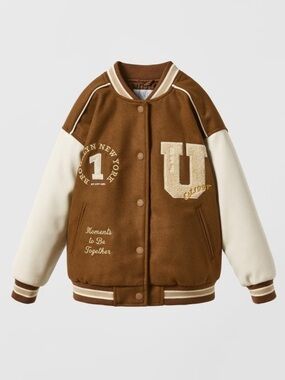 Zara kid CONTRAST VARSITY BOMBER JACKET WITH PATCH AND PIPING